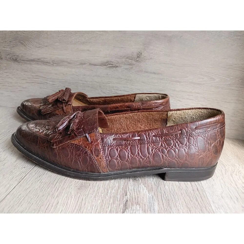 Giorgio Brutini Men's Leather Loafers 8D Crocodile Embossed Pointed Toe Brown
